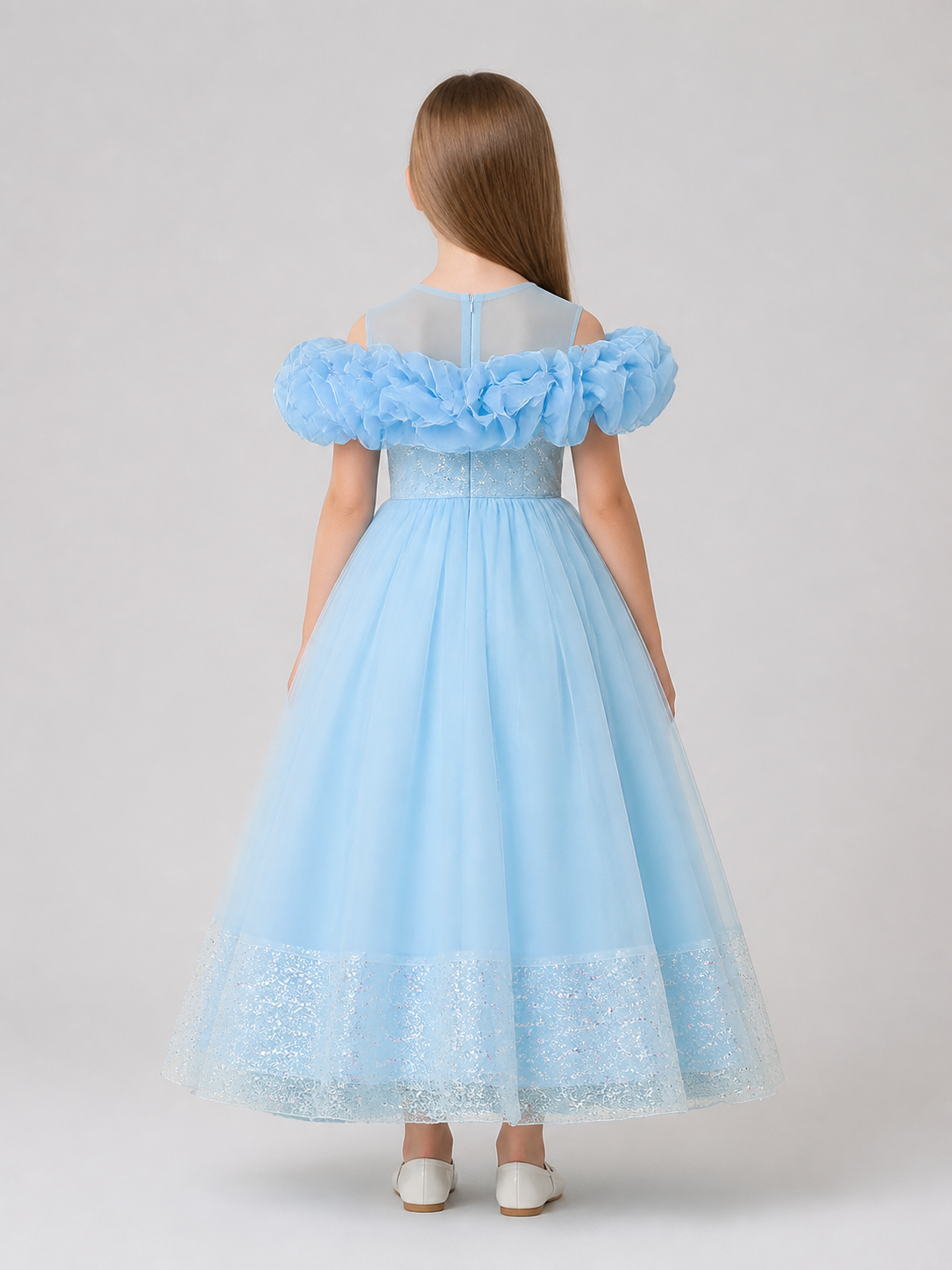 Full dress with sequins and embroidery, tulle skirt back view