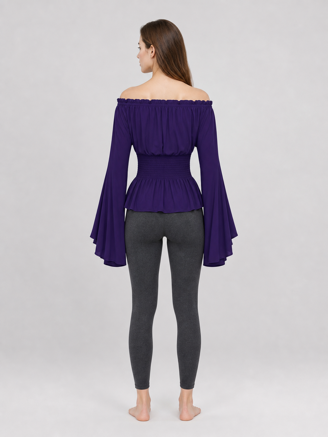 Purple blouse with a tie belt, off-the-shoulder neckline, and flared sleeves