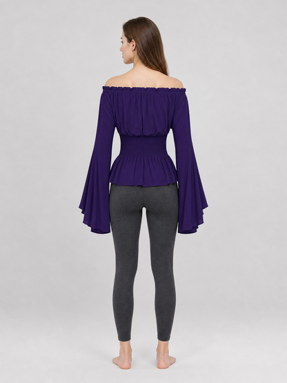 Purple blouse with a tie belt, off-the-shoulder neckline, and flared sleeves