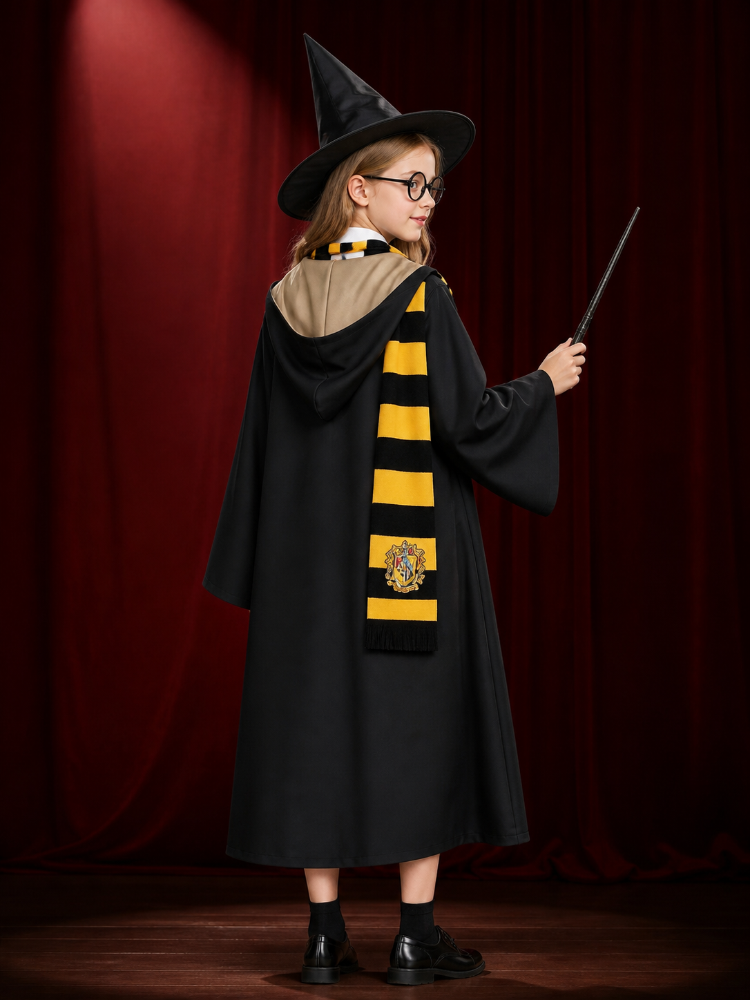 Wizard Robe Costume Set With Pointed Hat, Striped Scarf, Tie, Glasses And Wand back view