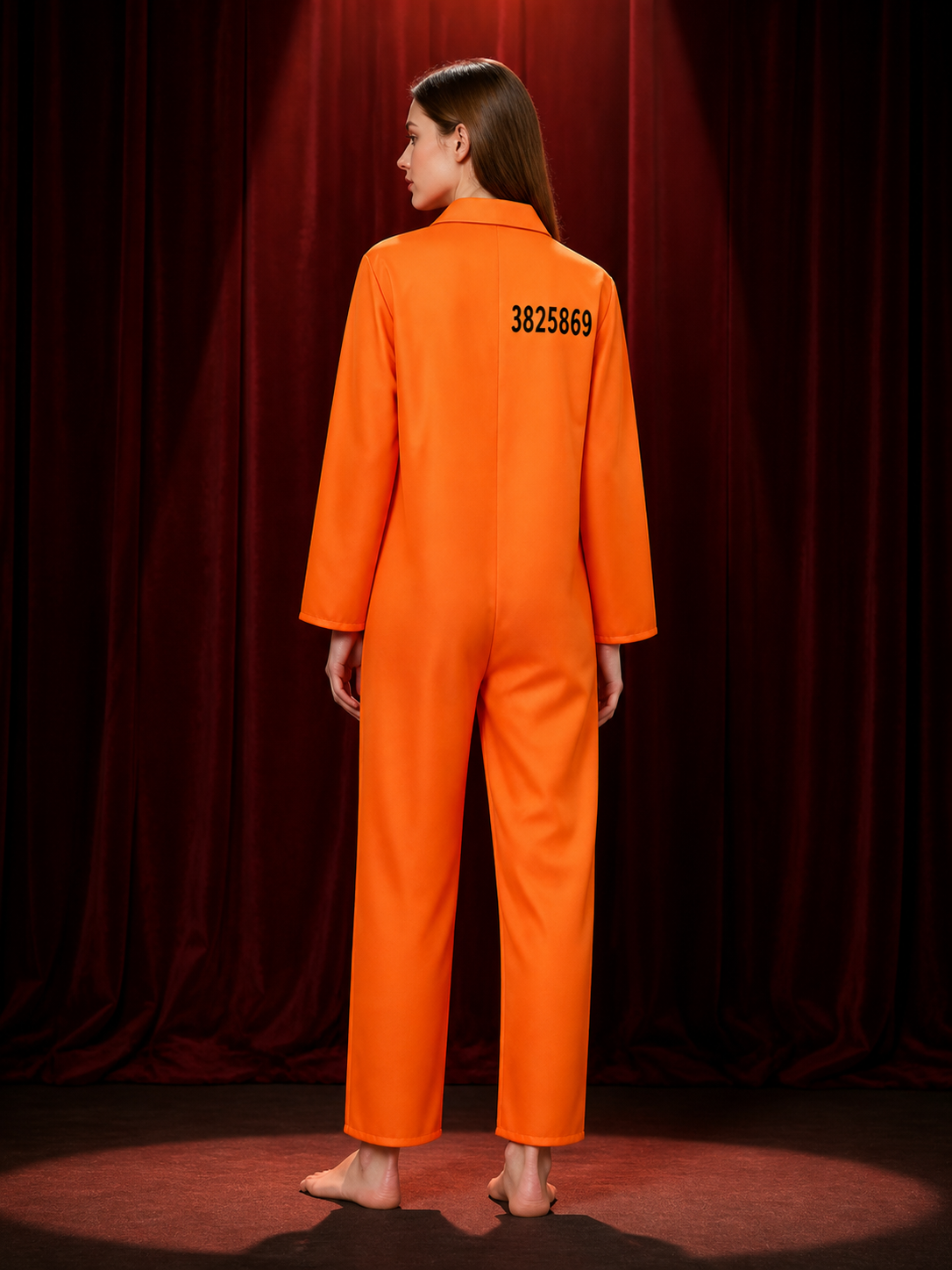 Orange Prisoner Jumpsuit Costume, Collared Zip-Front Long-Sleeve Number-Printed back view