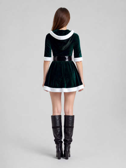The dress is designed in a deep green color with white details. The hood back view