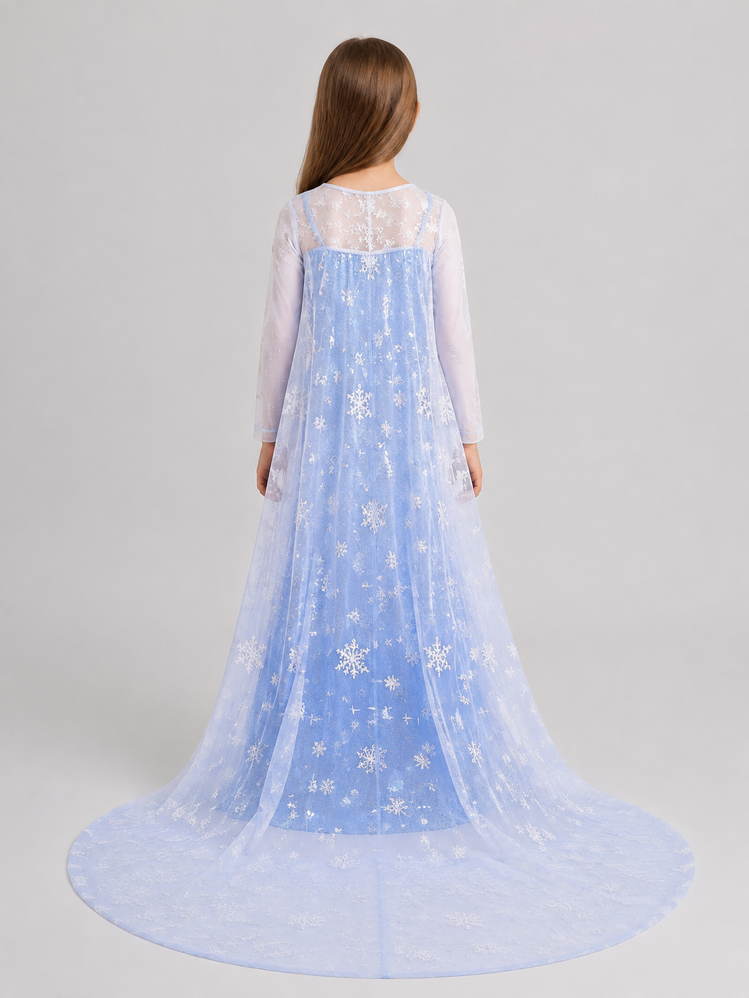 Floor-Length Dress with Snowflakes, Blue Embellishments, and a Train back view