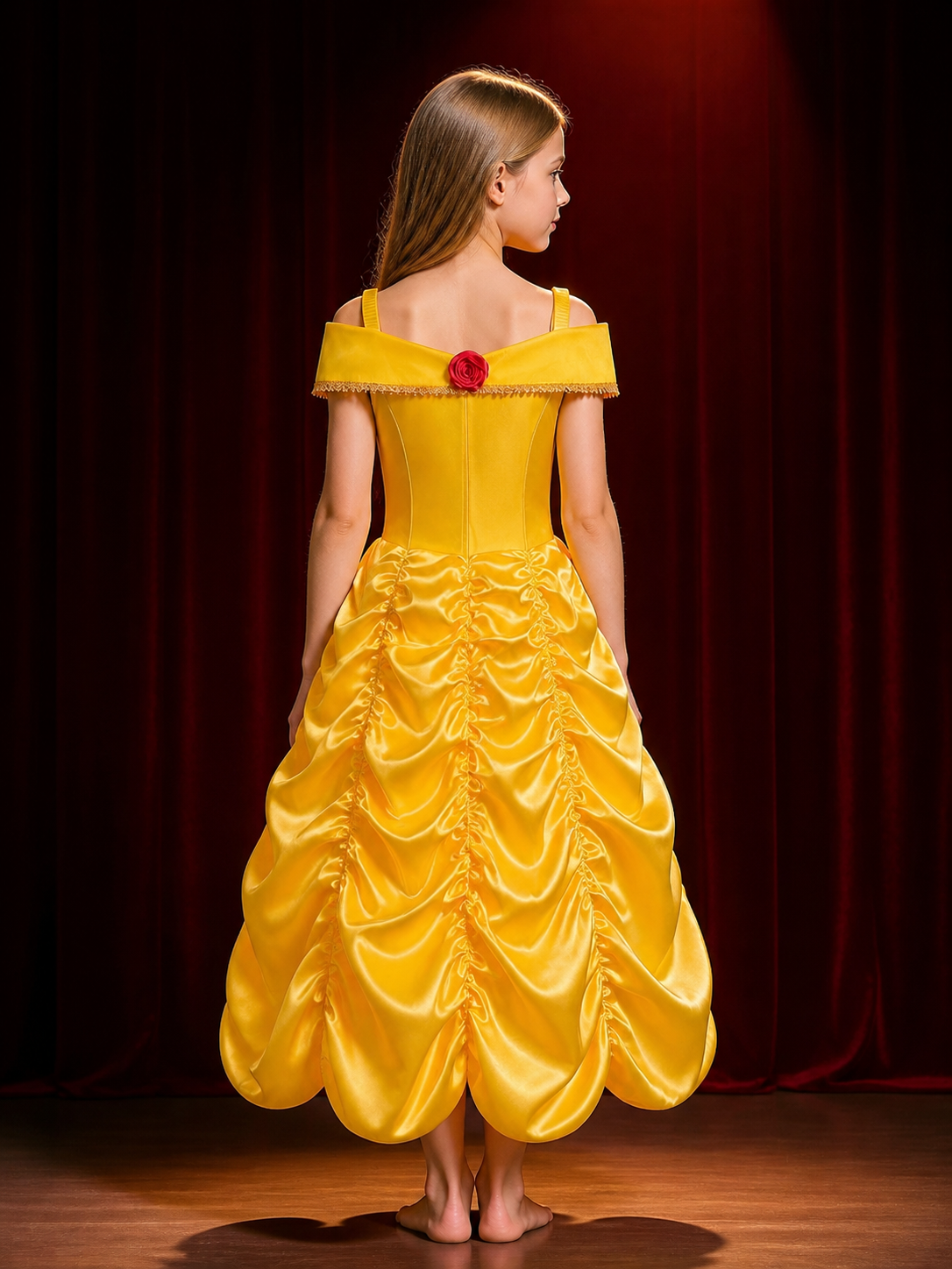 Girls Yellow Princess Dress Costume, Fluffy Ball Gown with Rose & Gold Trim back view