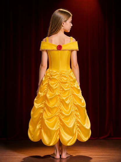 Girls Yellow Princess Dress Costume, Fluffy Ball Gown with Rose & Gold Trim back view