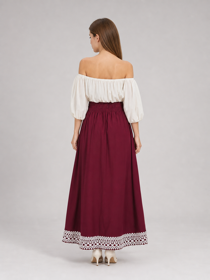 Long burgundy A-line skirt with drawstring