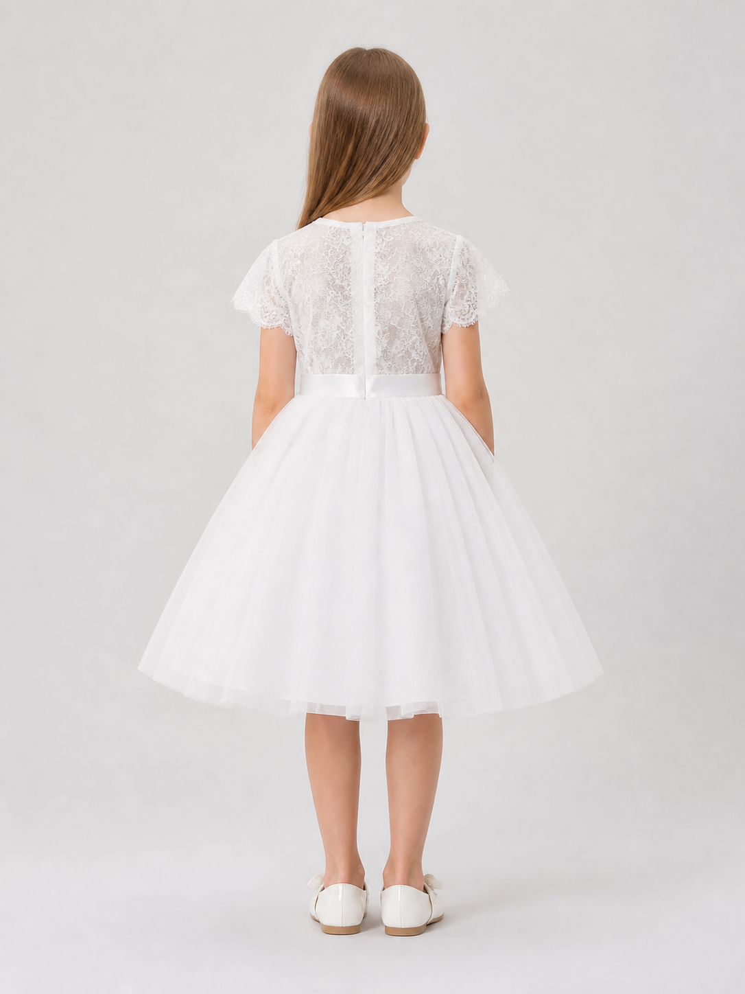 Princess Dress with Lace Embroidery for Flower Girls back view