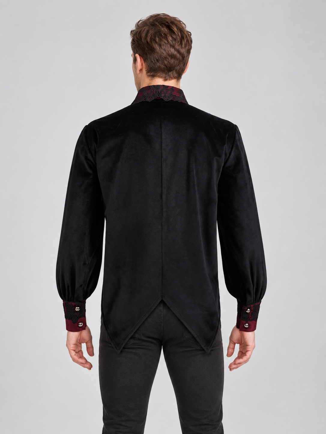 Black shirt with burgundy accents and lace trim