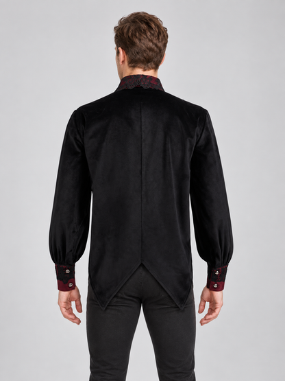 Black shirt with burgundy accents and lace trim