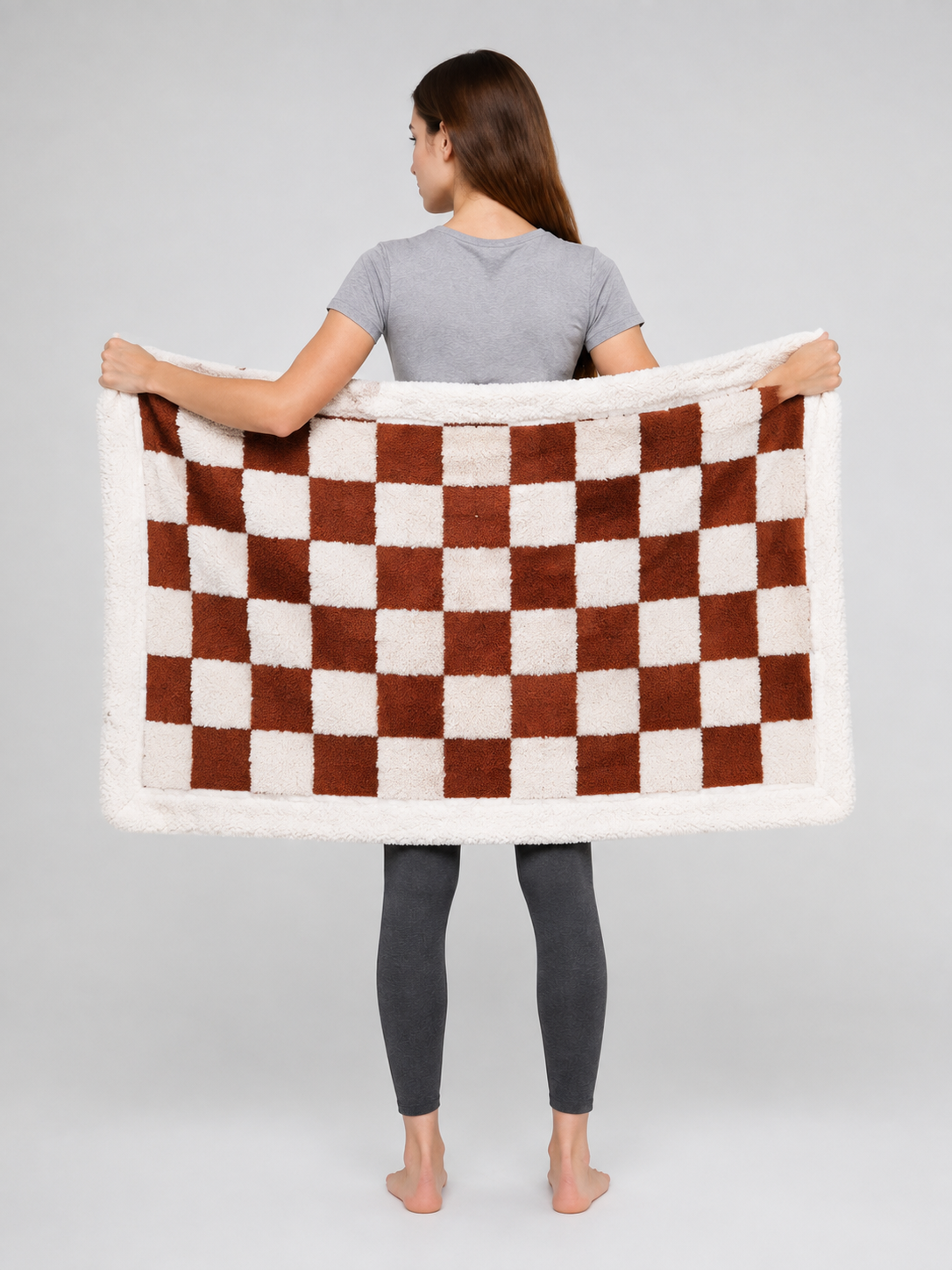 Double-Sided Dog Blanket in Brown-and-Cream Plaid back view