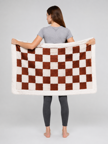 Double-Sided Dog Blanket in Brown-and-Cream Plaid back view