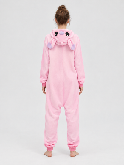 Pink Fleece Pajama Jumpsuit with Hood and Ears