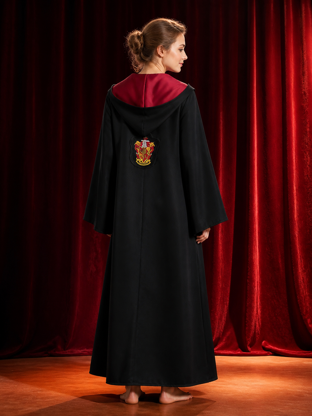 Hooded Wizard Robe Costume, Black Long Cape with Red Inner Lining and School back view