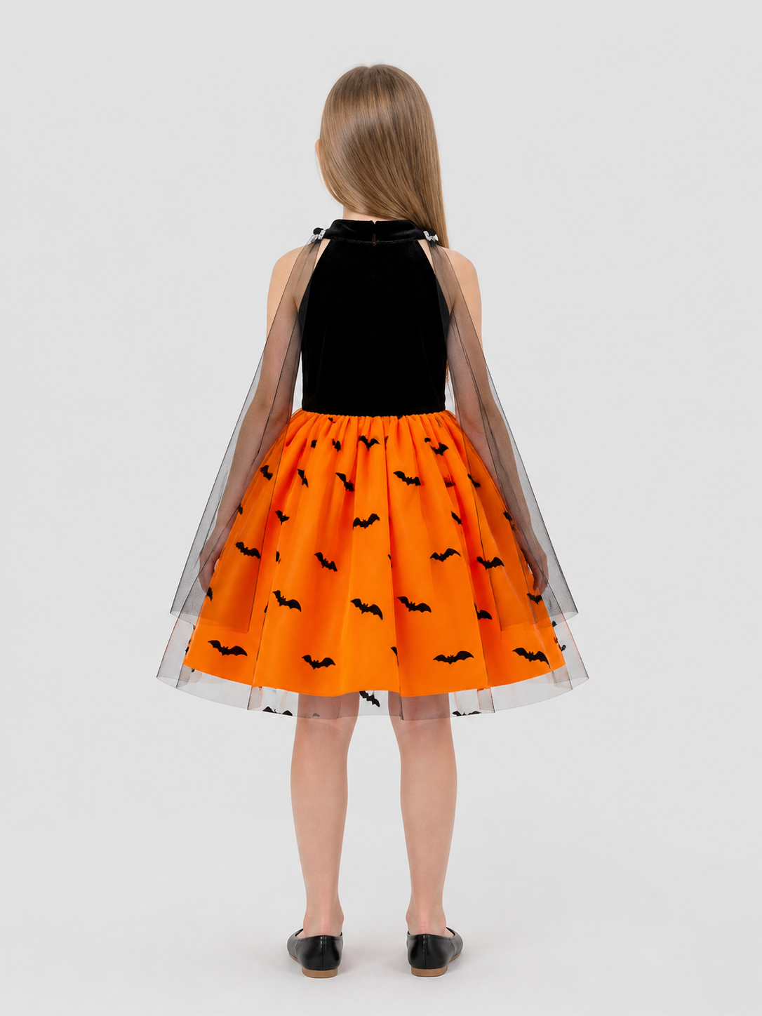 Puffy Kids' Halloween Dress with Bat Print back view