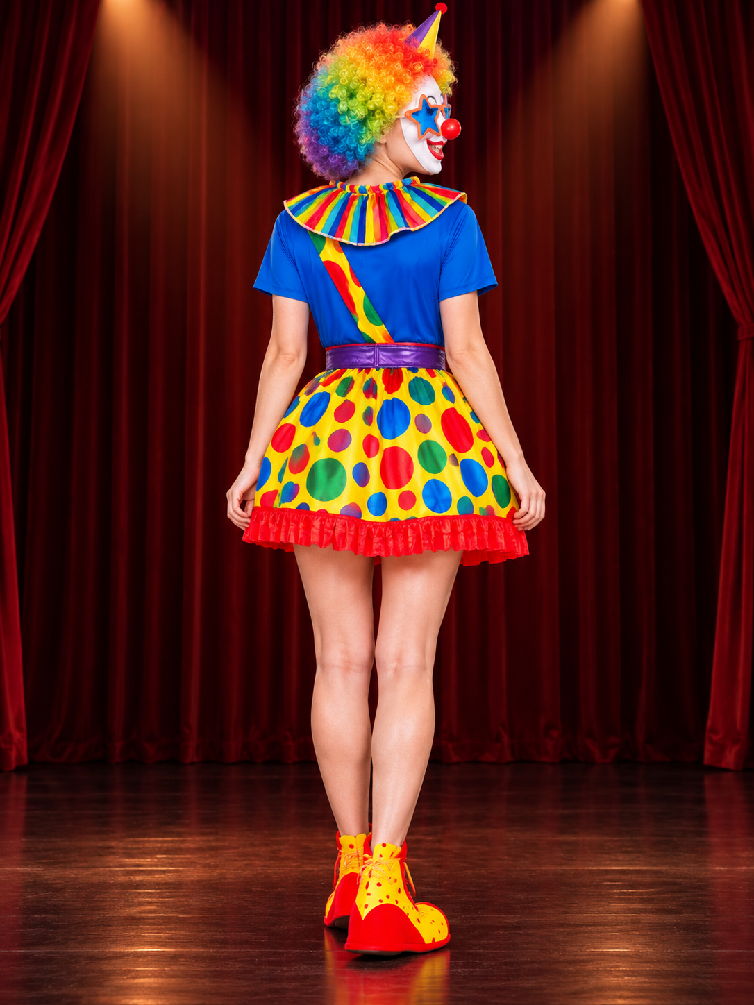 Clown Costume 7 Pieces Blue with Polka Dots, Jabot, and Wig