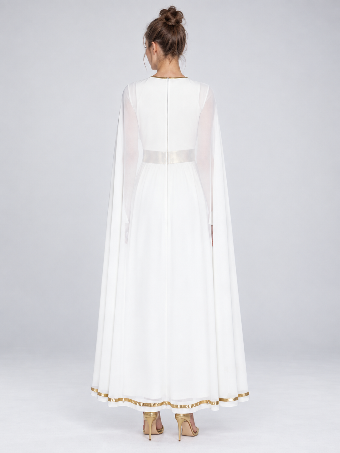 Floor-Length Dress with Gold Trim and Cape
