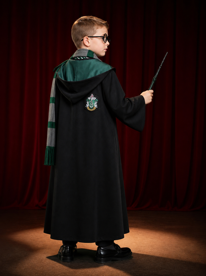 Kids Hooded Wizard Robe Costume Set, Five-Piece Cosplay Outfit With Scarf, Tie back view