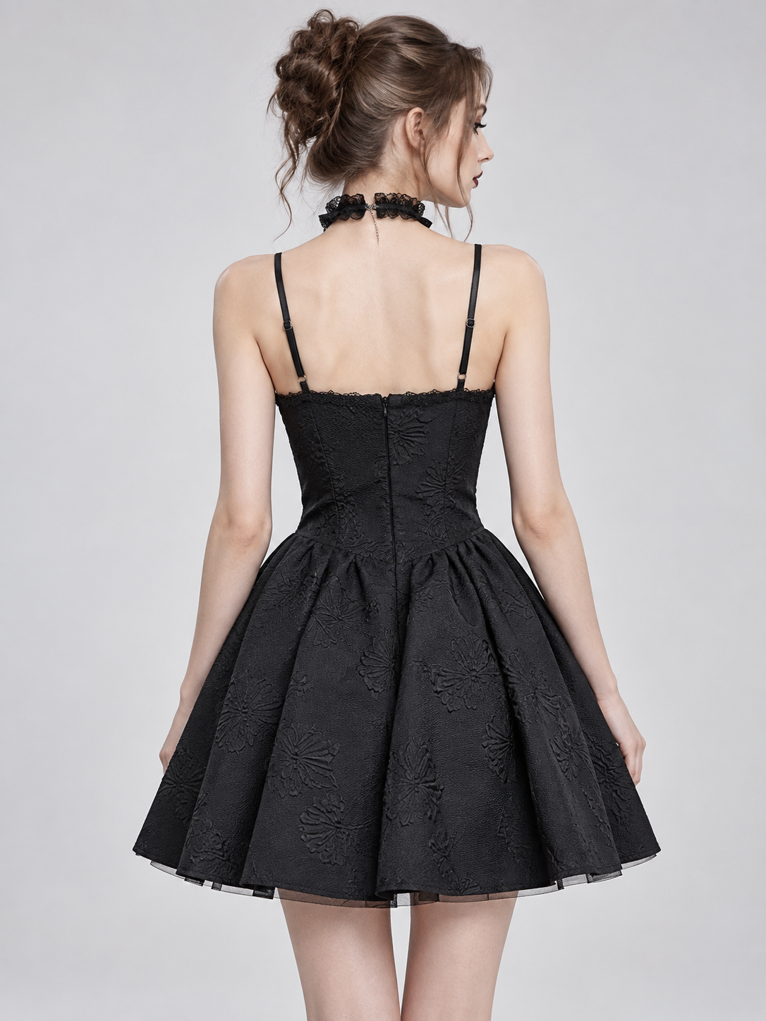 Gothic Black Short Dress with Red Rose