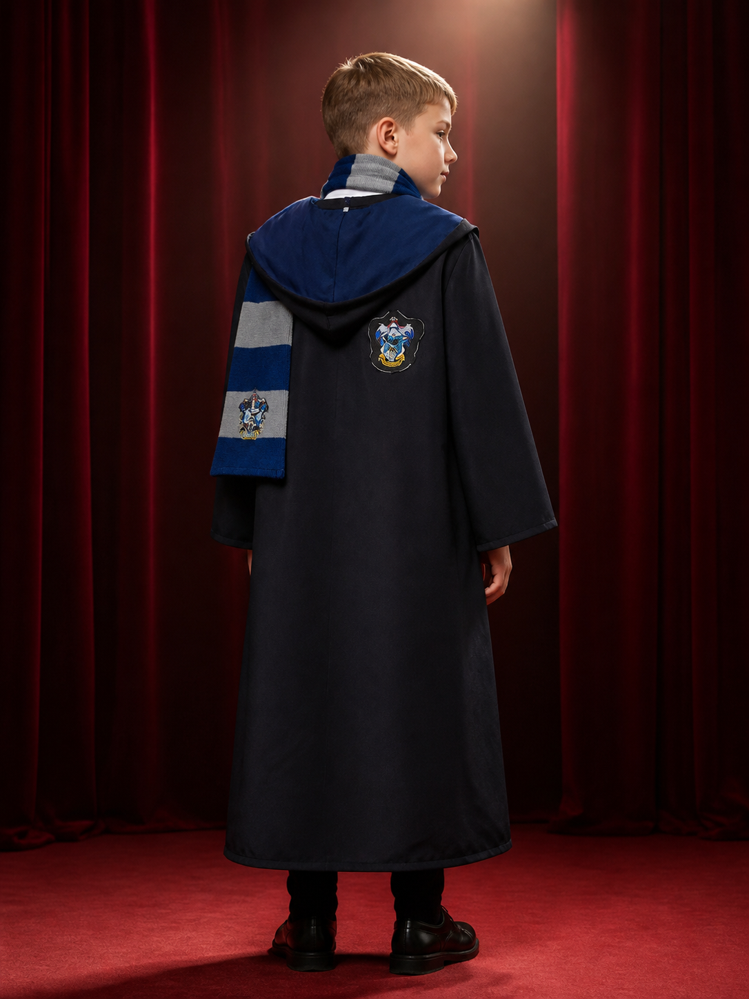 Ravenclaw Wizard Costume Set, Long Navy Blue Robe with Striped Tie and Scarf back view