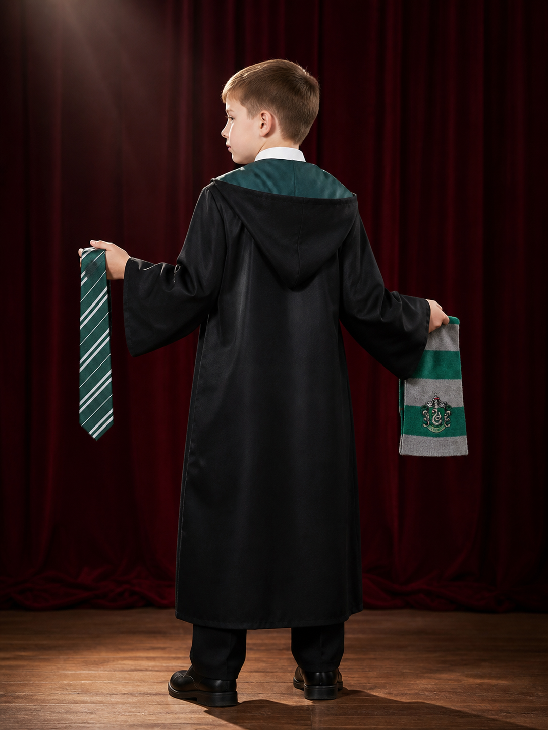 Kids' Slytherin Wizard Costume Set With Hooded Robe, Tie And Scarf back view