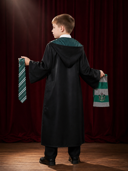 Kids' Slytherin Wizard Costume Set With Hooded Robe, Tie And Scarf back view