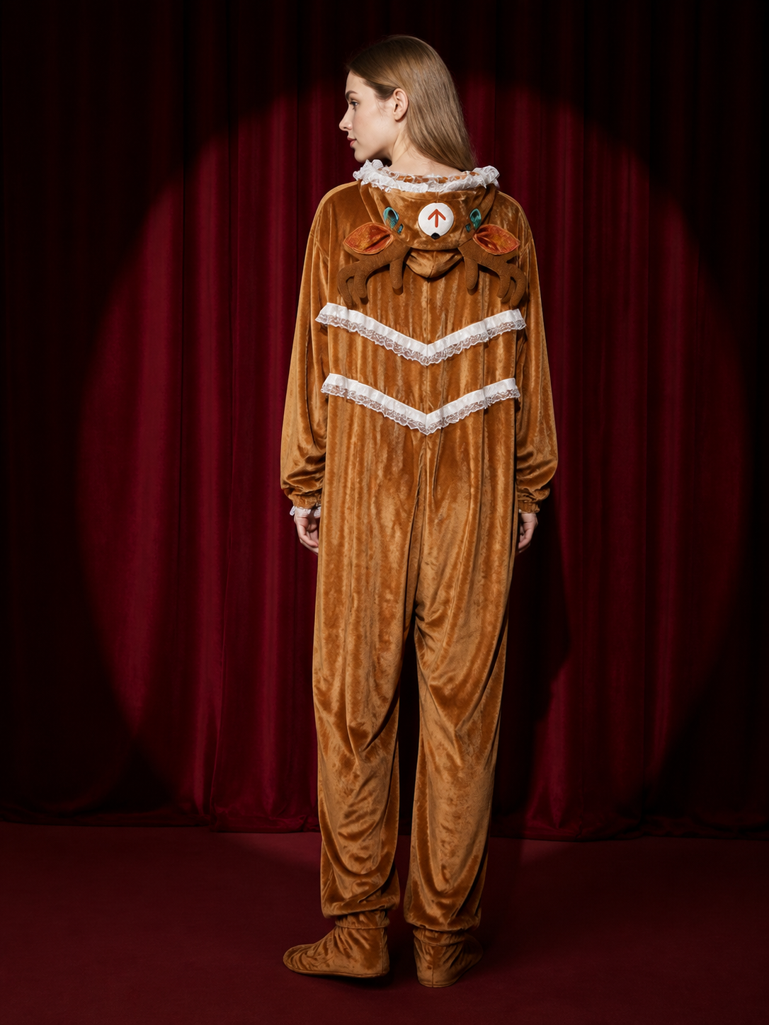 Women's Brown Reindeer Costume Jumpsuit, Hooded Animal Onesie with Antlers back view