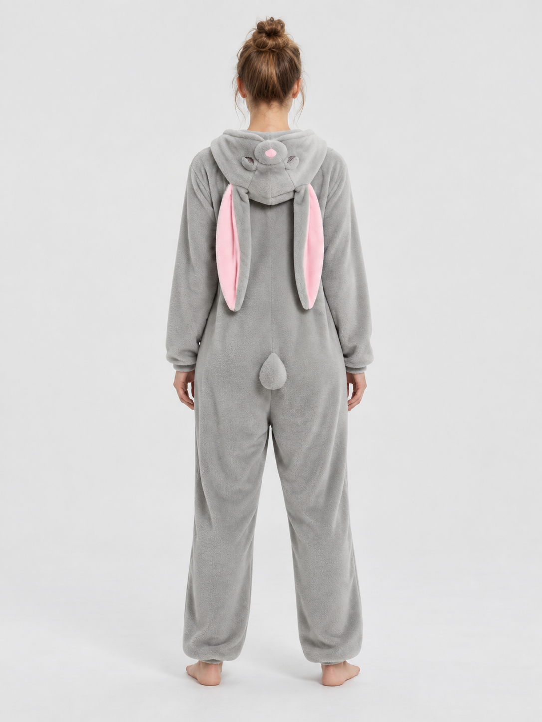 Gray Pajama Jumpsuit with Hood and Bunny Ears