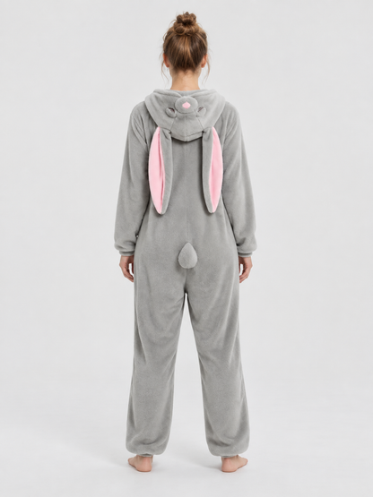 Gray Pajama Jumpsuit with Hood and Bunny Ears