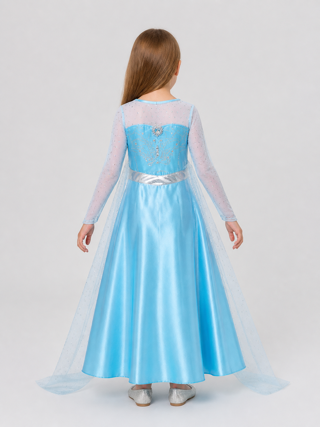 Elsa Anna Princess Dress with a Train and Silver Belt back view