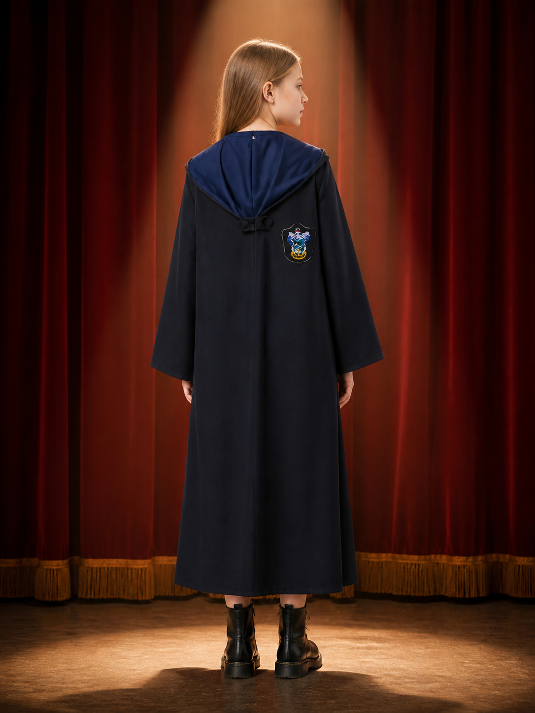 Dark Blue Magical School Robe Cosplay Costume with Shawl Collar and Crest back view