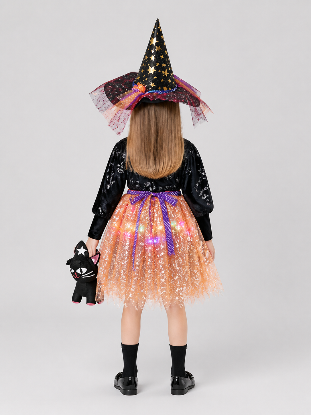 Halloween Witch Costume: Dress, Hat, and Cat back view