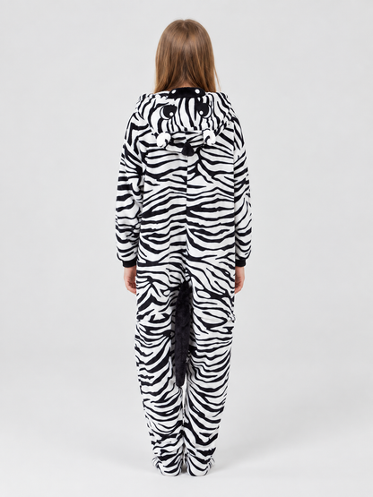 Zebra-Print Hooded Pajama Jumpsuit