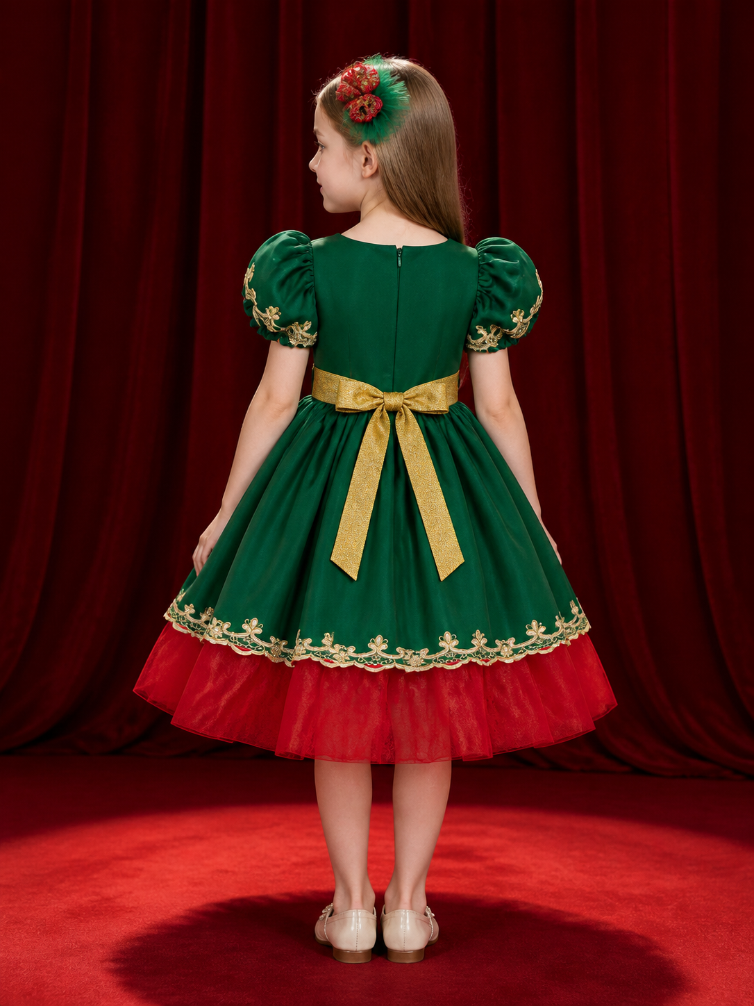 Girls' Christmas Princess Dress, Sequined Red and Green Tulle Party Outfit back view