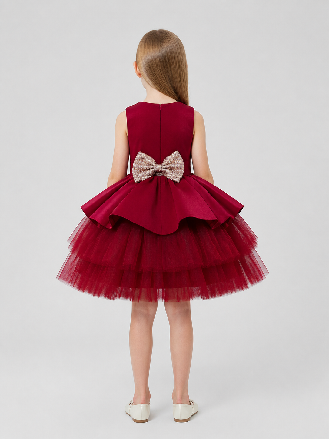 Children's Burgundy Princess Dress with Full Skirt and Bow back view