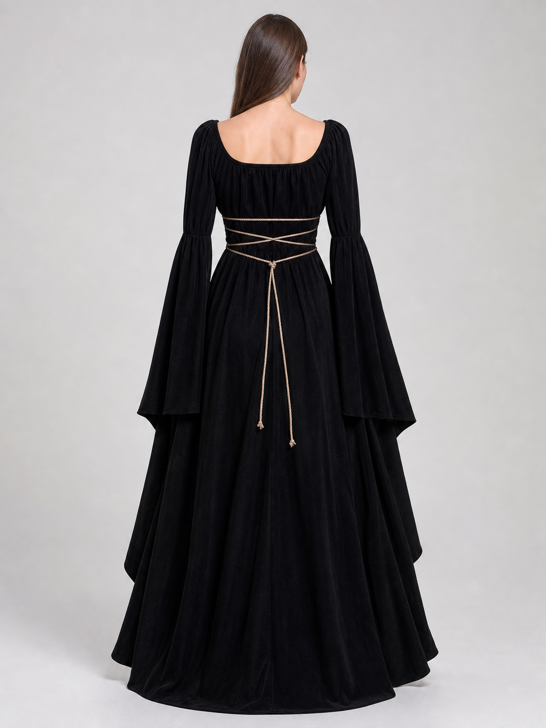 Elegant Floor-Length Dress with a Square Neckline and Flared Sleeves