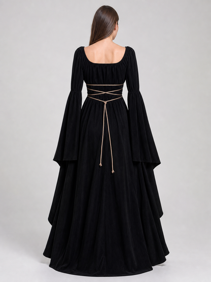 Elegant Floor-Length Dress with a Square Neckline and Flared Sleeves
