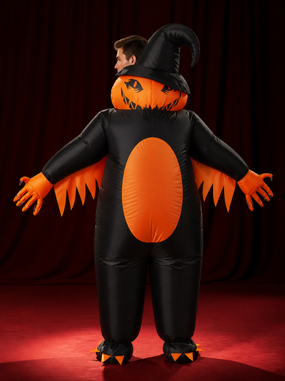 Inflatable Pumpkin Wizard Costume - Black & Orange Halloween Jumpsuit back view