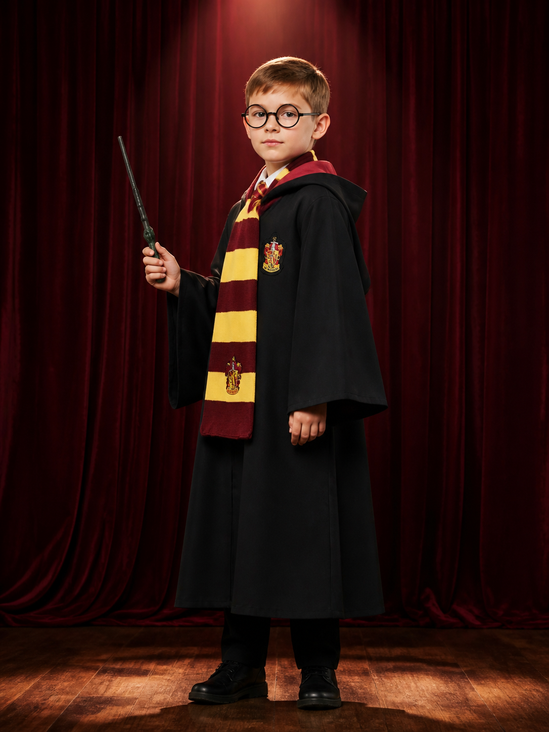 Gryffindor Wizard Costume: Robe, Scarf, Wand, Cosplay back view