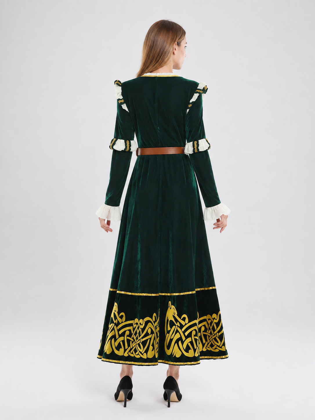 Costume Dress with Gold-Tone Trim and Belt back view