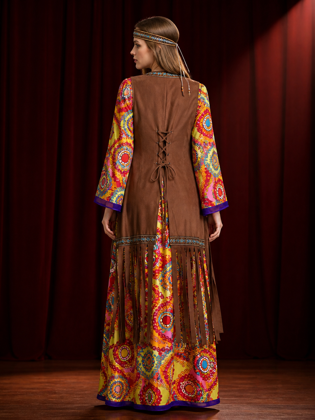 Hippie 70s Bohemian Costume Set, Paisley Printed Dress, Fringed Vest And back view
