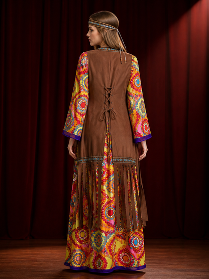 Hippie 70s Bohemian Costume Set, Paisley Printed Dress, Fringed Vest And back view