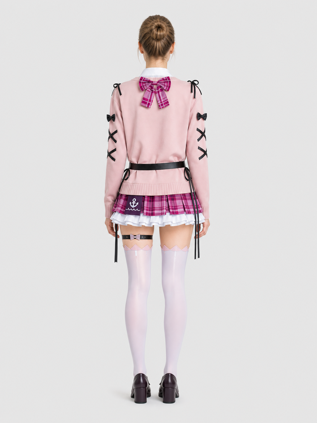 Aqua Cosplay: Pink Top, Plaid Skirt, Bows, Knee-High Socks back view