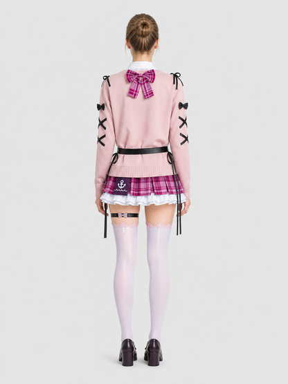Aqua Cosplay: Pink Top, Plaid Skirt, Bows, Knee-High Socks back view