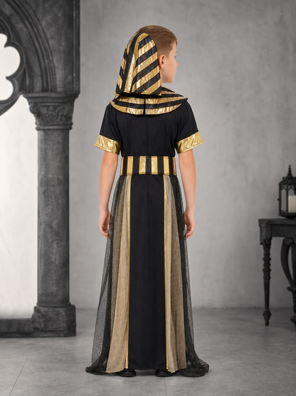 Adult Egyptian Pharaoh Costume Set, 4pcs Robe With Headdress Collar And Waist Belt, Black Gold Cosplay Outfit For Halloween Stage Performance