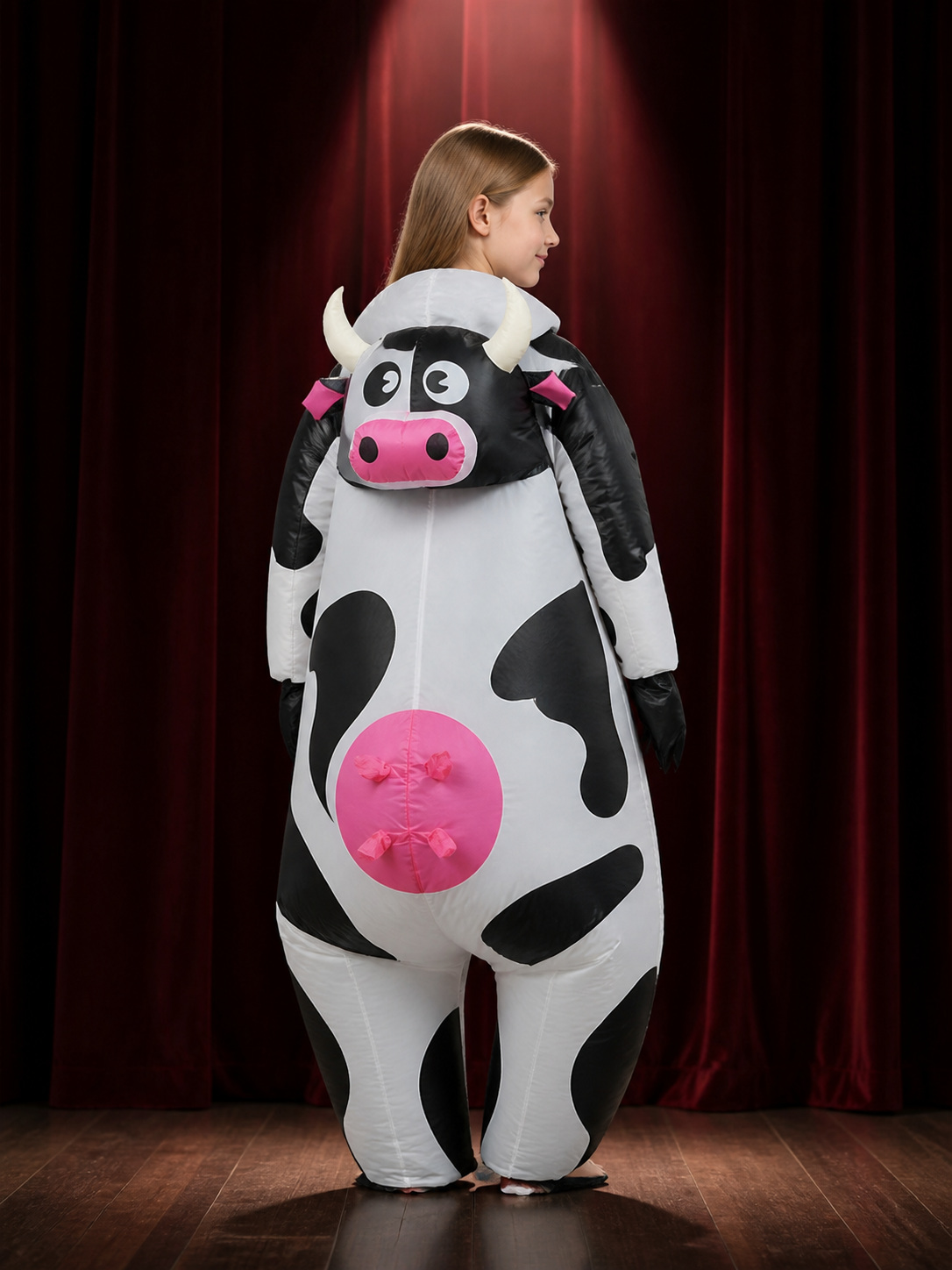 Kids Inflatable Cow Costume Bodysuit with Horned Hood, Black and White Spotted back view