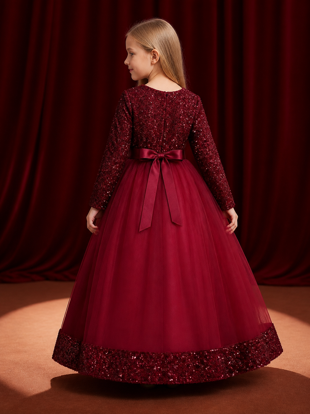 Girls' Maroon Sequined Princess Dress, Long Sleeve Floral Gown Halloween Costume back view