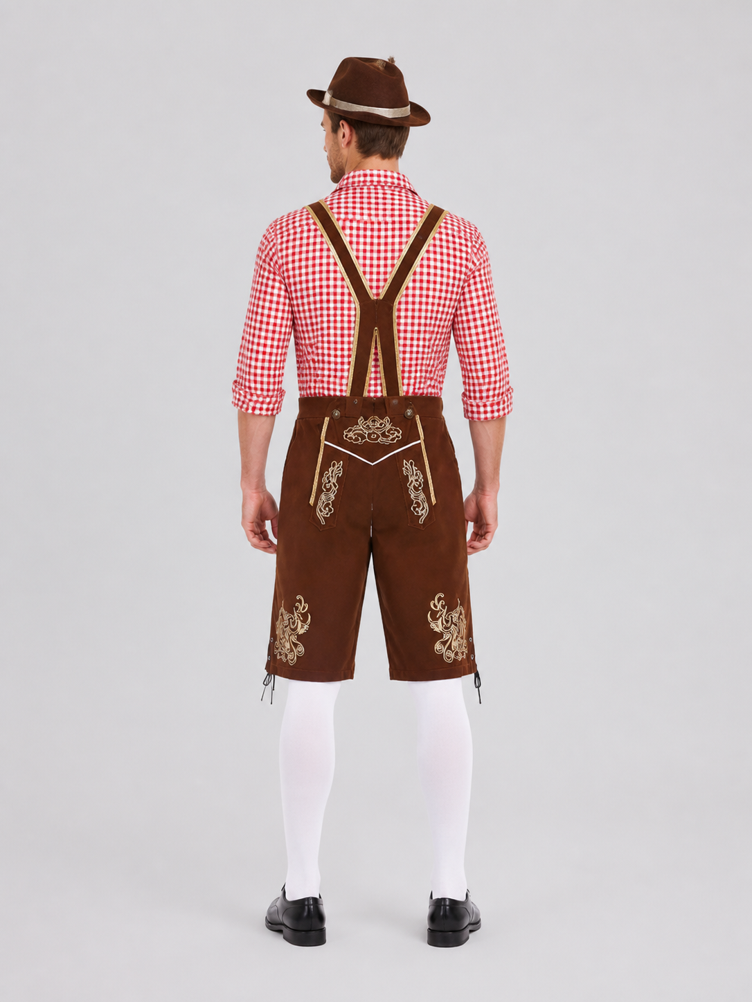 Bavarian Costume with Embroidery: Shirt, Shorts, and Hat back view