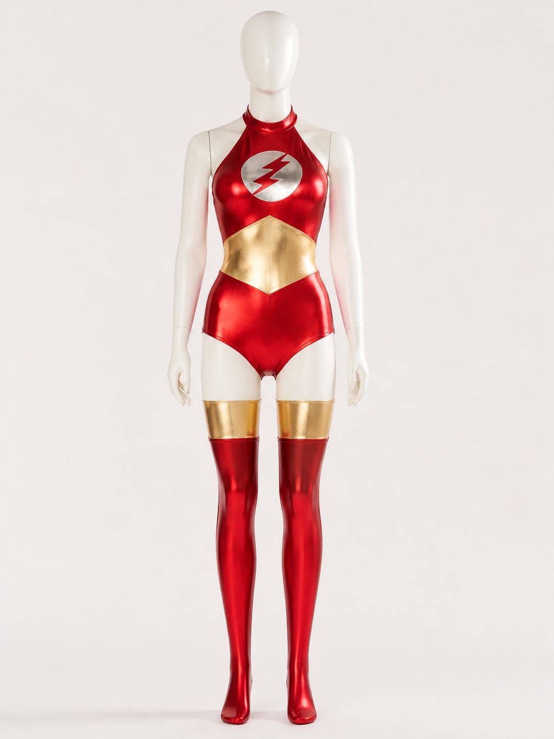 Adult Flash-Themed Sleeveless High-Neck Bodysuit Costume With Foot Covers back view
