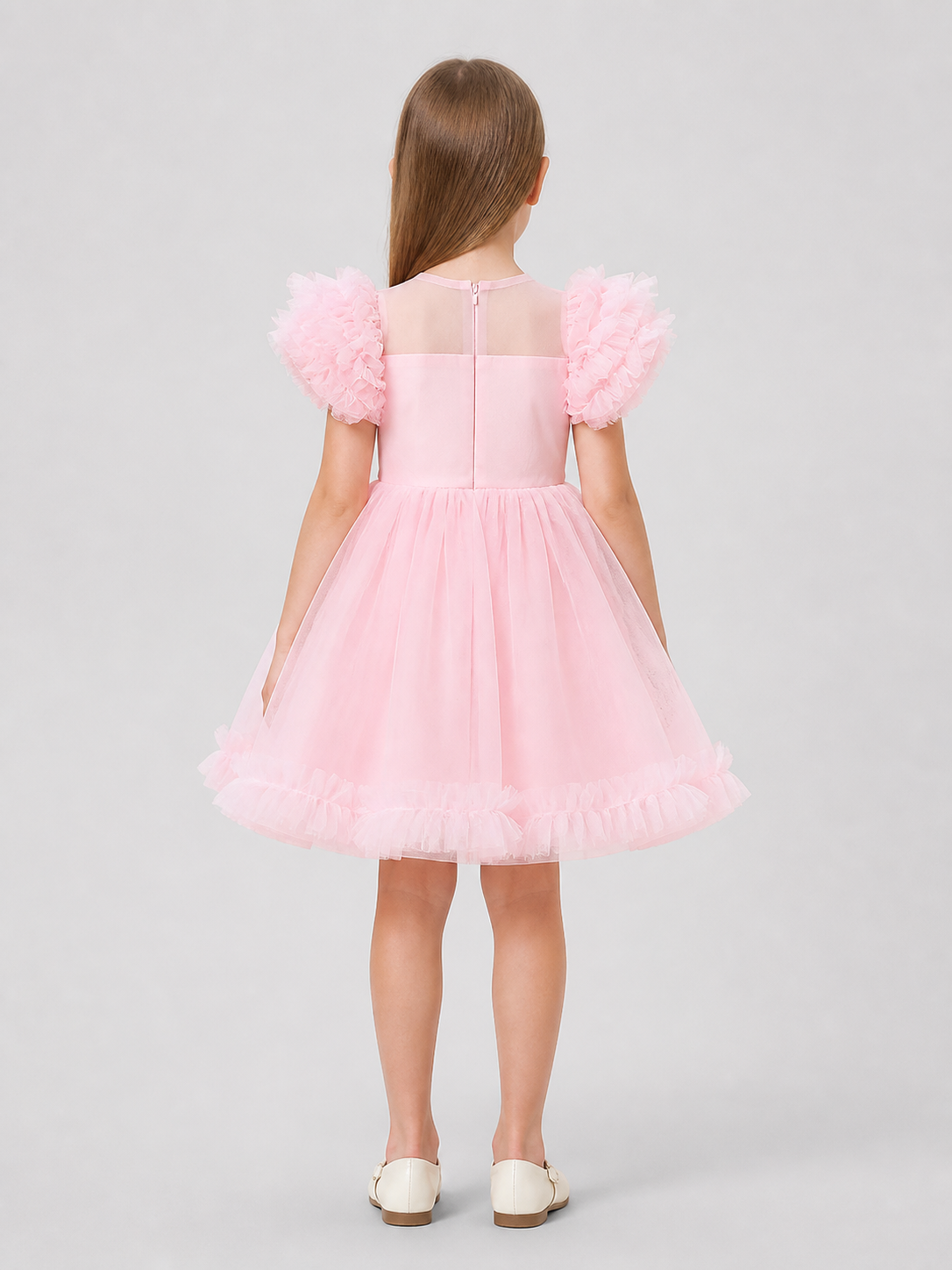 Pink Tutu Dress for Girls with Bow and Lace Trim back view
