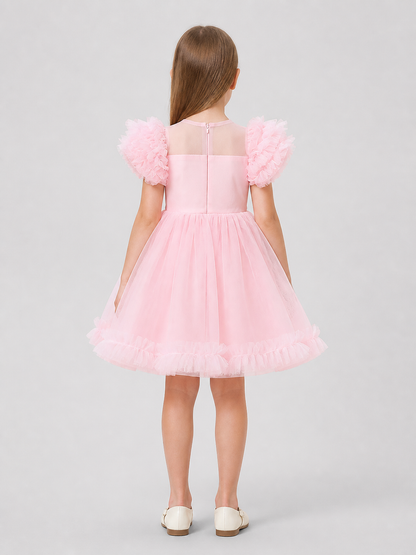 Pink Tutu Dress for Girls with Bow and Lace Trim back view